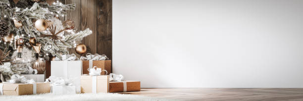 istock Modern interior design with Christmas tree and empty white wall background. Christmas banner. 2170496006