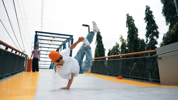 istock Panorama shot of hipster perform b-boy performance and footstep. Sprightly. 2170497523