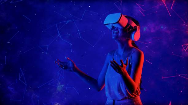 istock Excited woman looking around VR to meta with pointing zodiac. Hallucination. 2170498010