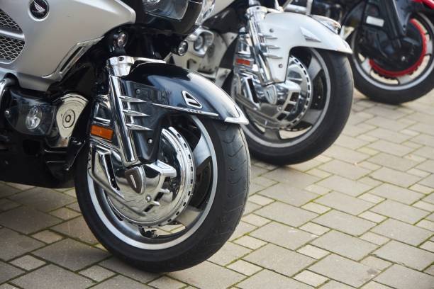 Krasnodar, Russia. - December 30, 2023: Honda touring motorcycles, front wheel. Close-up