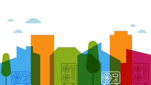 wärmepumpen in einer stadt, mit häusern und gebäuden. moderne vektorillustration. - wärmepumpe stock-grafiken, -clipart, -cartoons und -symbole