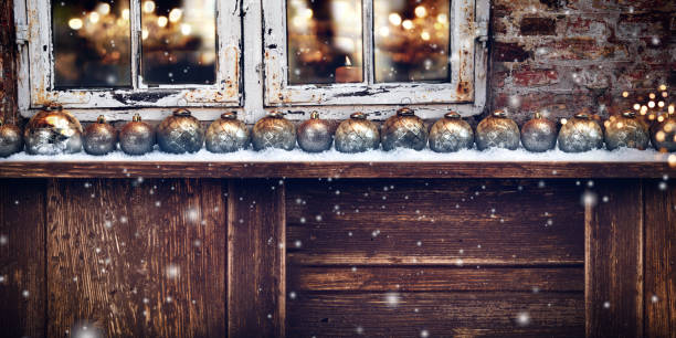 istock Old house wall in winter with christmas decoration 2170506890