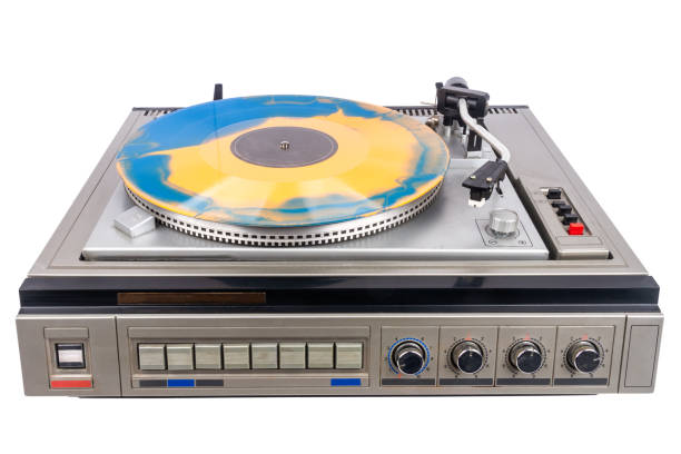 istock Vintage turntable record player with blue and orange vinyl 2170507153