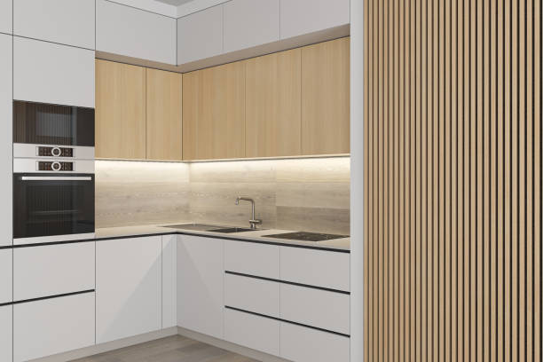 istock Modern Small White and wood minimalist kitchen L shape. White and light matte materials. Oak wood cabinets and backdrop details. 2170508339