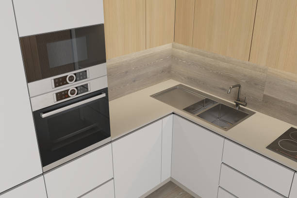 istock Modern Small White and wood minimalist kitchen L shape. White and light matte materials. Oak wood cabinets and backdrop details. 2170508349