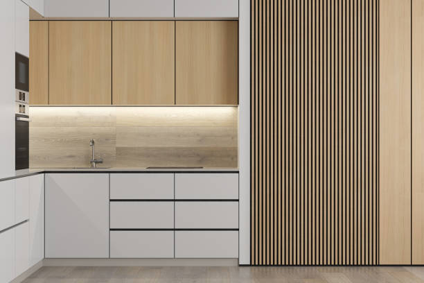 istock Modern Small White and wood minimalist kitchen L shape. White and light matte materials. Oak wood cabinets and backdrop details. 2170508373