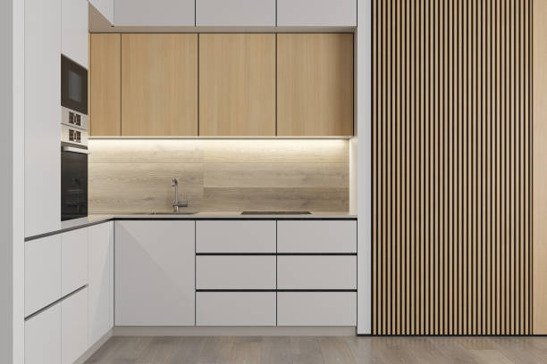 istock Modern Small White and wood minimalist kitchen L shape. White and light matte materials. Oak wood cabinets and backdrop details. 2170508381