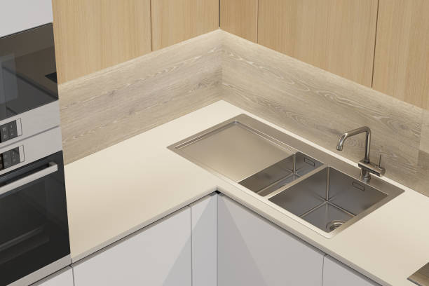 istock Modern Small White and wood minimalist kitchen L shape. White and light matte materials. Oak wood cabinets and backdrop details. 2170508521