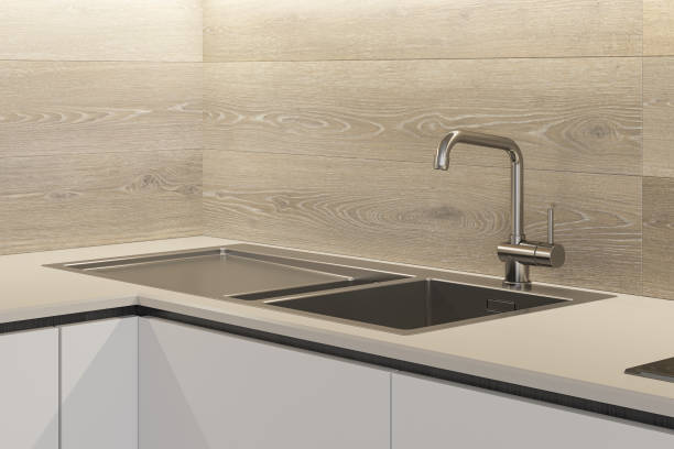 istock Modern Small White and wood minimalist kitchen L shape. White and light matte materials. Oak wood cabinets and backdrop details. 2170508523