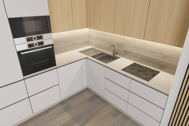 istock Modern Small White and wood minimalist kitchen L shape. White and light matte materials. Oak wood cabinets and backdrop details. 2170508540