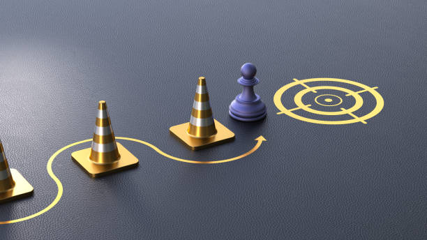 istock Chess Piece Navigating Golden Traffic Cones to Reach Target Mark on Surface, Path Illustrated with Arrows. 3D Rendering 2170515463