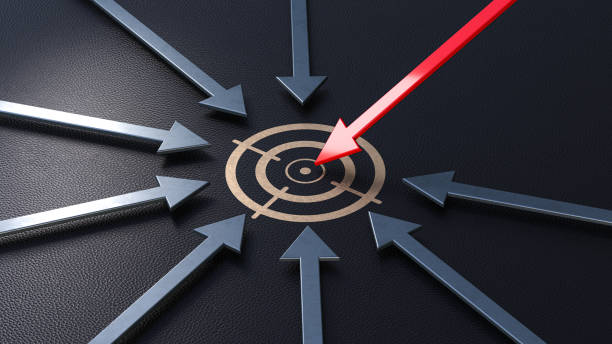 Red Arrow Poised to Hit Target Symbol While Other Arrows Move Towards It on a Flat Surface. 3D Rendering