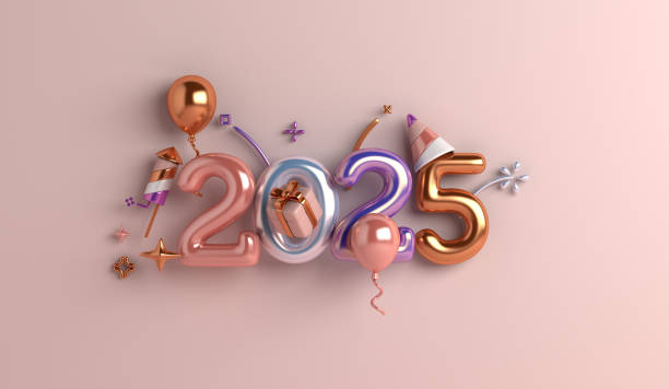 Happy new year 2025 decoration background with balloon, firework rocket, gift box, 3D rendering illustration