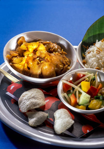 An Indonesian dinner consisting of small dishes including satay, rice, tempeh and salads. On a blue background. Studio shot.