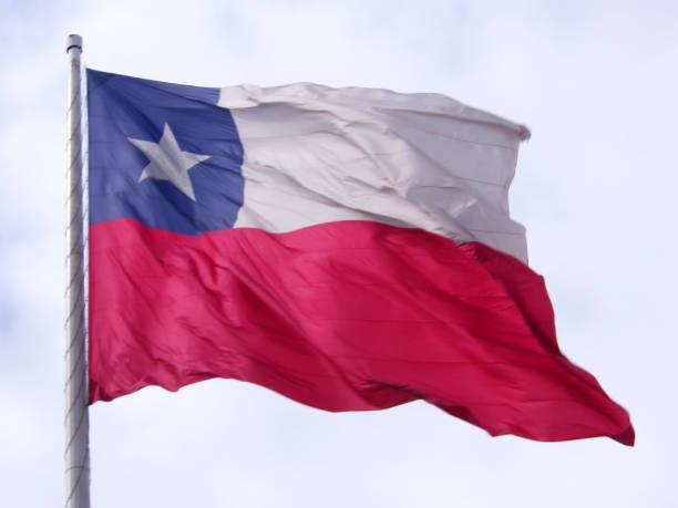 Small paper flag of Chile pinned. Isolated on white background. Horizontal orientation. Close up photography. Copy space.