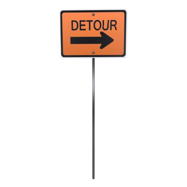 istock 3D rendering of a detour sign pointing right on a simple base 2170532159