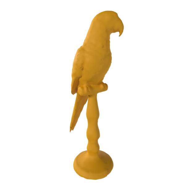 A vibrant yellow parrot stands perched upright, showcasing its intricate details.