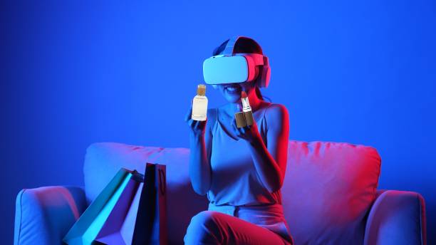 istock Woman using VR meta sliding perfume and lipstick with paper bag. Hallucination. 2170544402