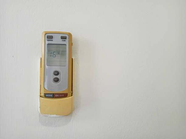 istock close up photo of AC remote on white wall 2170546714
