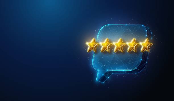 istock Abstract illustration of five gold stars review floating over chat bubble in low poly style. Blue geometric background depicting customer feedback and client oriented business concept by wireframe connection structure 2170548535