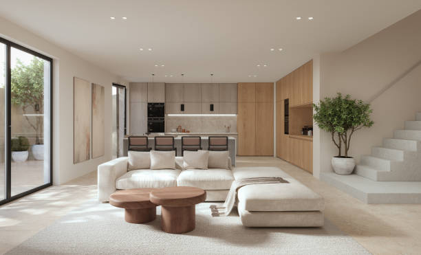 istock Open space living room and kitchen interior with large windows, cozy sofa, dining table and hardwood flooring. Modern design solution, 3d rendering 2170553319