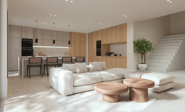 istock Open space living room and kitchen interior with large windows, cozy sofa, dining table and hardwood flooring. Modern design solution, 3d rendering 2170553320