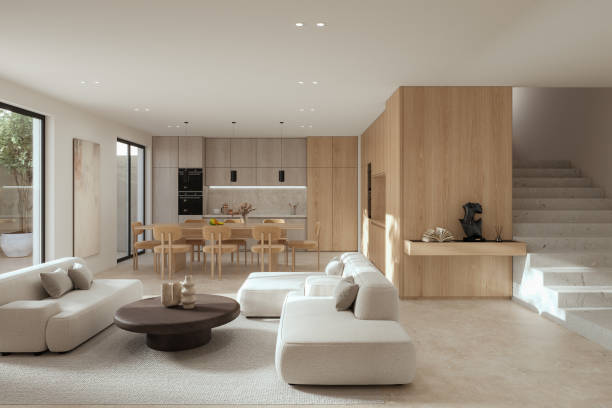istock Open space living room and kitchen interior with large windows, cozy sofa, dining table and hardwood flooring. Modern design solution, 3d rendering 2170553325