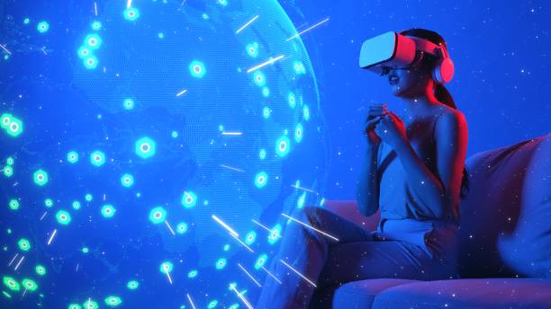istock Siting sofa surprised woman in VR against digital signal point. Hallucination. 2170557800