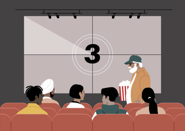 A cinema movie screen displaying the countdown, encompassing the realm of art and entertainment, with people seated on red-upholstered chairs or approaching their seats