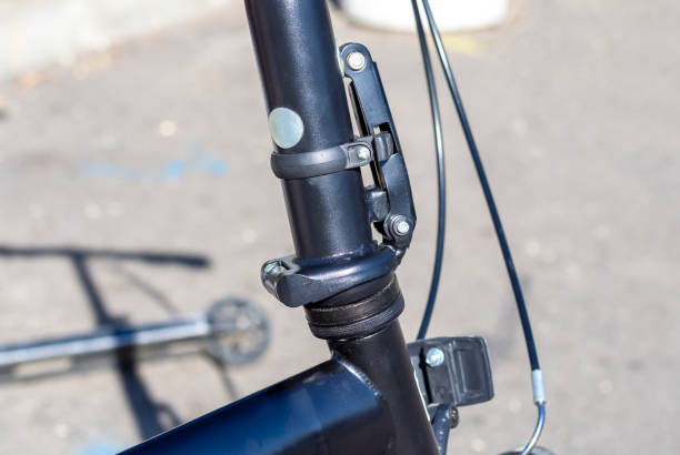 istock Folding bicycle frame. Close-up. Folding bike connection. Bicycle frame folding mechanism 2170562099