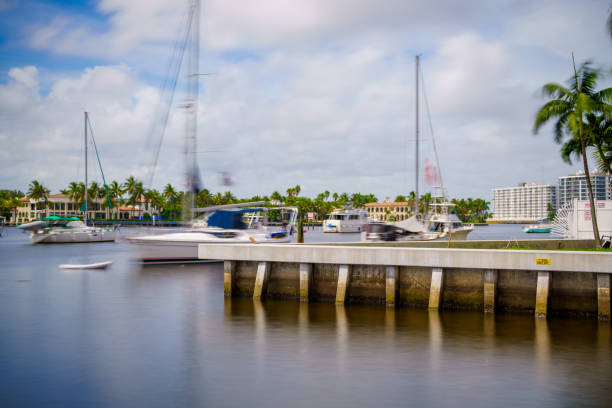 Modern concrete seawall. Long exposure image with motion blur bokeh