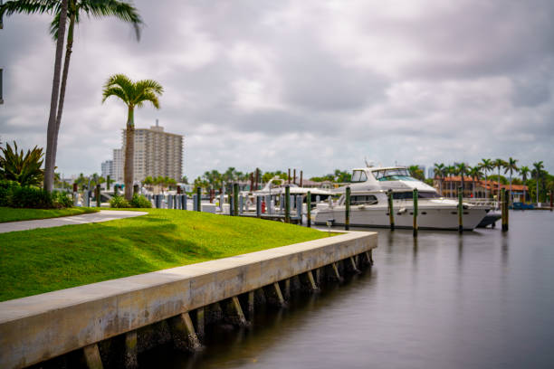 Modern concrete seawall. Long exposure image with motion blur bokeh