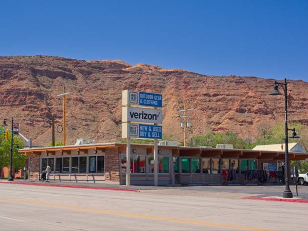 Moab, Utah - USA, April 30, 2024. Moab Gear Trader store on main street in downtown Moab. Moab once a small town with uranium ore deposits nearby became a boom town for mining. Now a tourist mecca for outdoor adventure.