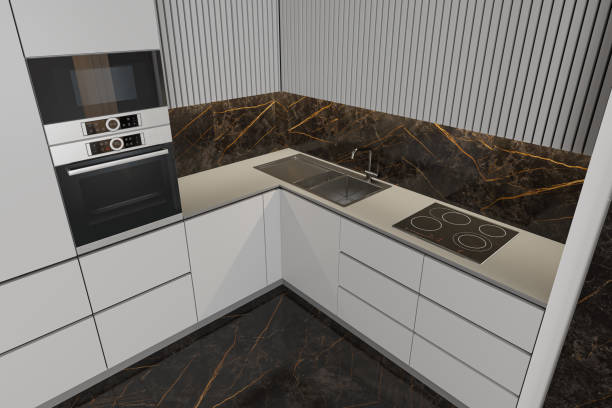 istock Modern Small L shape Kitchen with white cabinets and large black marble tiles. 2170567051
