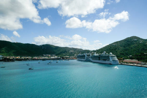 St. Thomas, US Virgin Islands - February 26, 2006: cruise ships are docked at Havensight Pier in Charlotte Amalie
