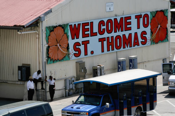 St. Thomas, US Virgin Islands - February 26, 2006: a sign welcomes people to St. Thomas near the Havensight Cruise Pier
