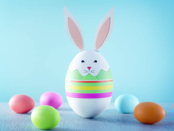 3D rendering of Easter bunny made out of egg with paper cutting decors over blue background