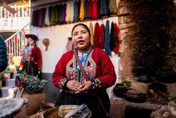 istock Chinchero indigenous woman explaining about textile industry, in Chinchero District, Peru 2170570991