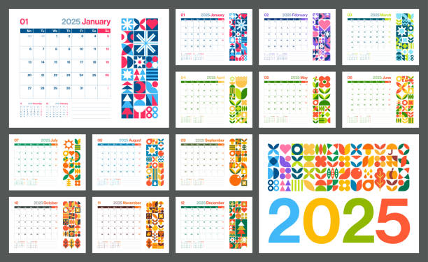 Planner Calendar 2025 - Abstract Geometric Bauhaus Shape Style Color Calendar for 2025 Year - European Grid - Week Starts on Monday - Vector Color Art Design
