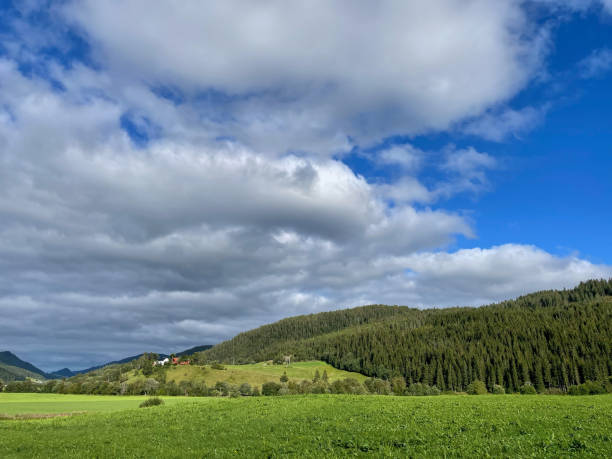 istock Farm in a green valley among the mountains 2170575193