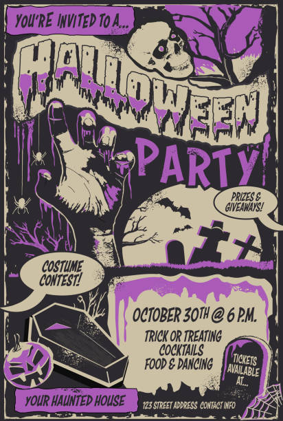 halloween party poster template in retro comic book style with spooky elements - halloween stock illustrations