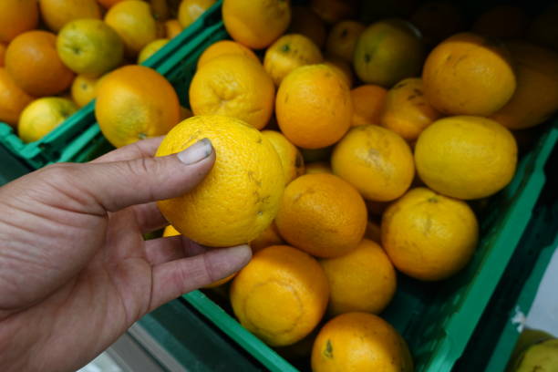 istock Hand Picking Fresh Orange at Grocery Store 2170578307