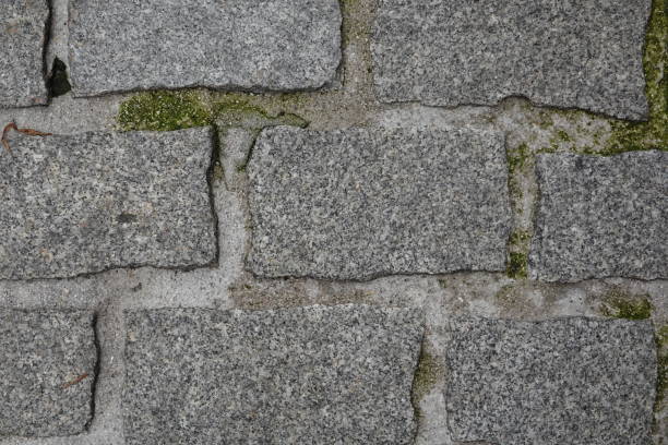 Close-up of a weathered stone wall with moss growing in the cracks, highlighting the rough texture and natural aging.