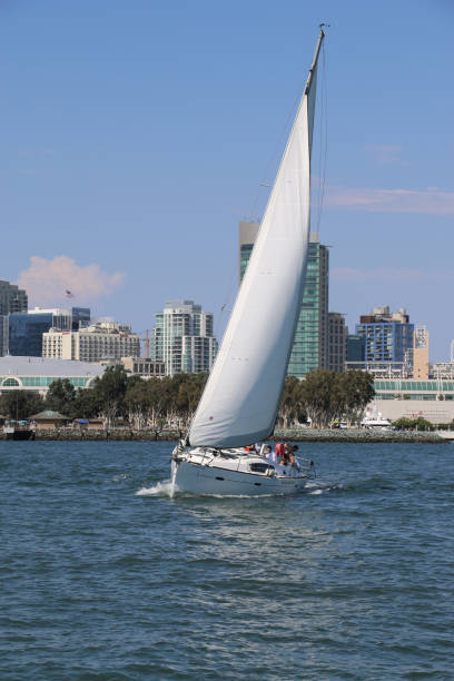 San Diego, California - April 16, 2024: Sailboat and boats at harbor with clear blue water and sky in background.