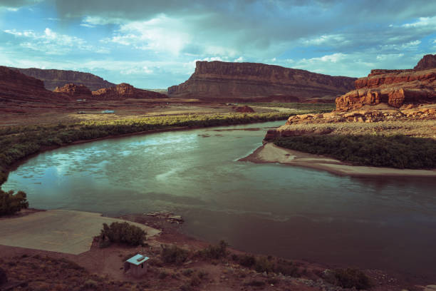 The famous offroad Shafer trail in the canyon near Moab, reaching Canyonland National park, Utah. View on the Colorado river