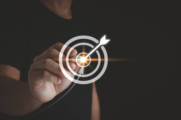 istock Hand touching goal, target, aim, strategy, success, futuristic, marketing, choose, performance, achievement. pointing a goal and target aim. archery point aim. bullseye strategy for futuristic. 2170587431