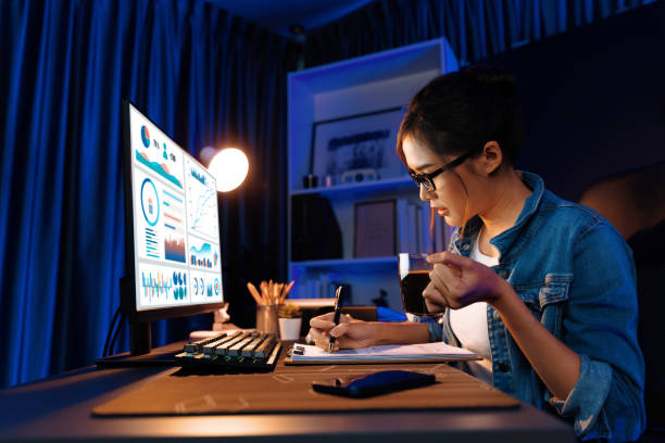 istock Asian influencer wearing headsets on pc business graph screen. Stratagem. 2170587573