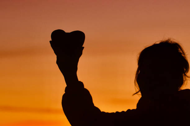Happy woman and  hands forming a heart shape with sunset blurred light, senior woman silhouette. Flying dragonfly, butterfly. Positive emotions, freedom, change concept. Life balance and harmony