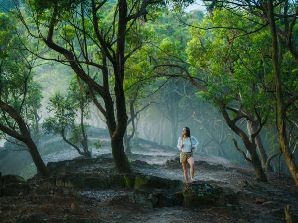istock Woman walking through tropical forest in fog 2170592378