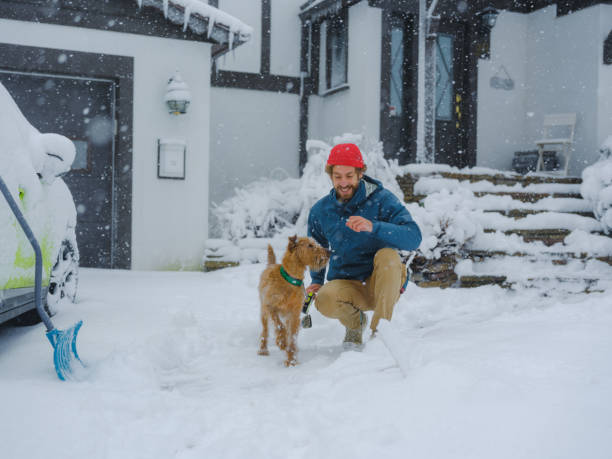 istock Man with dog walking after the blizzard 2170593187